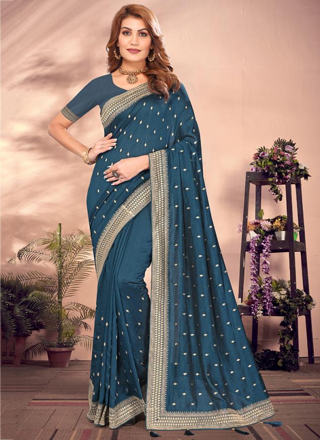 Vichitra Blooming Morpeach Wedding Wear Embroidery Work Saree